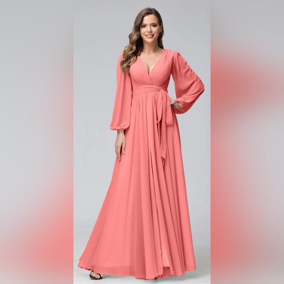 NWT Lavetir A-Line V-Neck Coral Long Sleeves Chiffon Long Dress - Picture 3 of 16